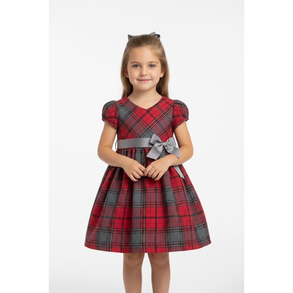 Ashley Ann Girls 3T Red Plaid Holiday Dress Metallic Silver Bow Christmas